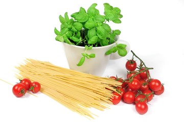 
typical ingredients of Italian cuisine: spaghetti , basil and cherry tomatoes