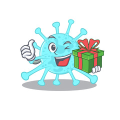 Smiling cegacovirus cartoon character having a green gift box