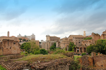 View of the Roman Forum during sunset in Rome, Italy