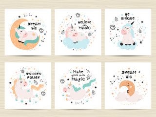 Set of posters with cute unicorns and letterings