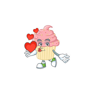 An adorable cartoon design of strawberry cupcake holding heart