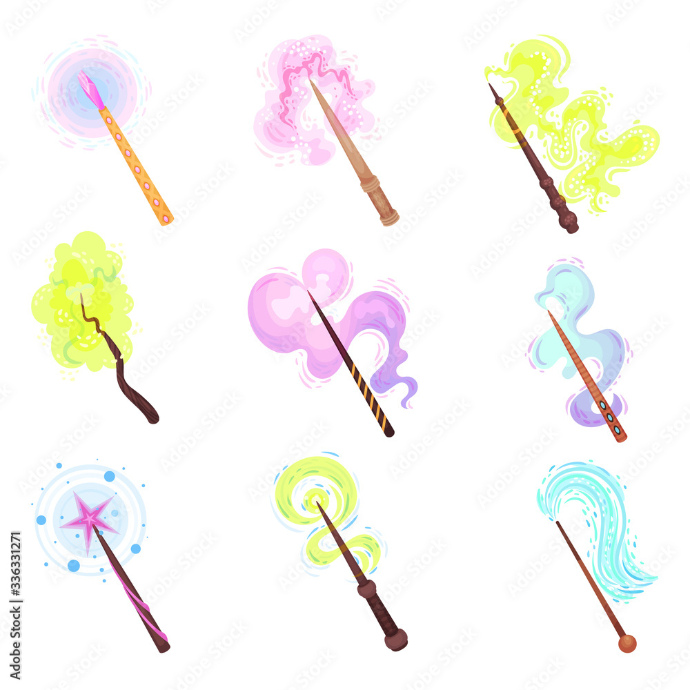 Poster magic wands with fairy dust and glow swirling around vector set