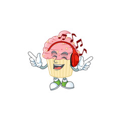 Cartoon mascot design strawberry cupcake enjoying music with headset