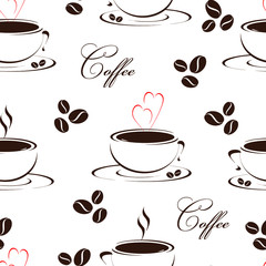 Obraz premium Seamless pattern with coffee cups and heart shaped aroma and roasted coffee beans