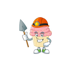 cartoon character design of strawberry cupcake work as a miner