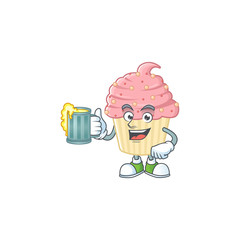 Happy strawberry cupcake mascot style toast with a glass of beer