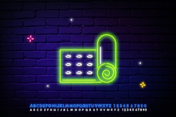 Icon of the neon light concept in the gym. The idea of fitness. Yoga Mat. A glowing sign with the alphabet, numbers, and symbols. Vector isolated illustration