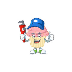 Mascot design concept of strawberry cupcake work as smart Plumber