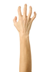 Fototapeta premium Pulling, grabbing, reaching or scratching. Woman hand gesturing isolated on white