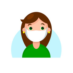 Face of a brunette girl in mask. Cartoon portrait of a young woman, virus protection concept. Avatar character for icon, logo, hand drawn simple flat. Stock vector illustration isolated on white.