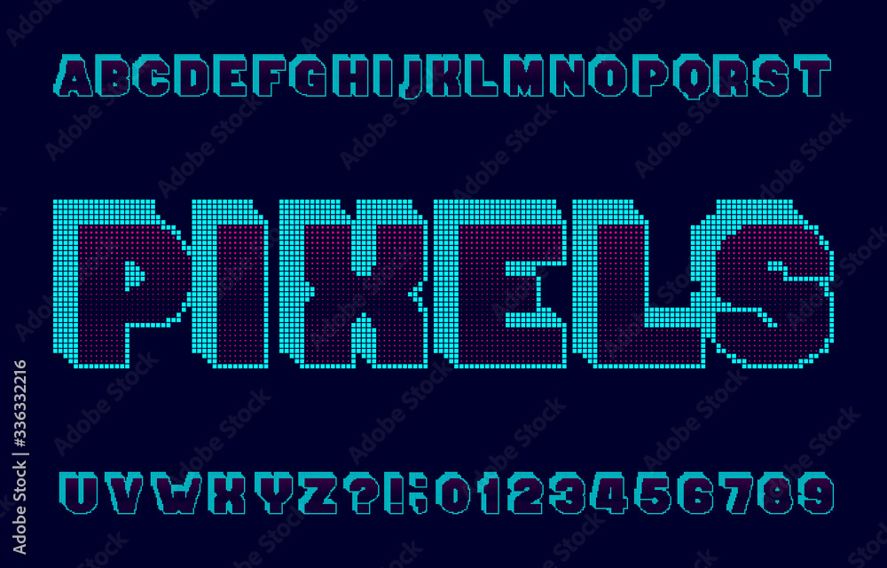 Fototapete pixels alphabet font. digital pixel letters and numbers. 80s retro style typescript.