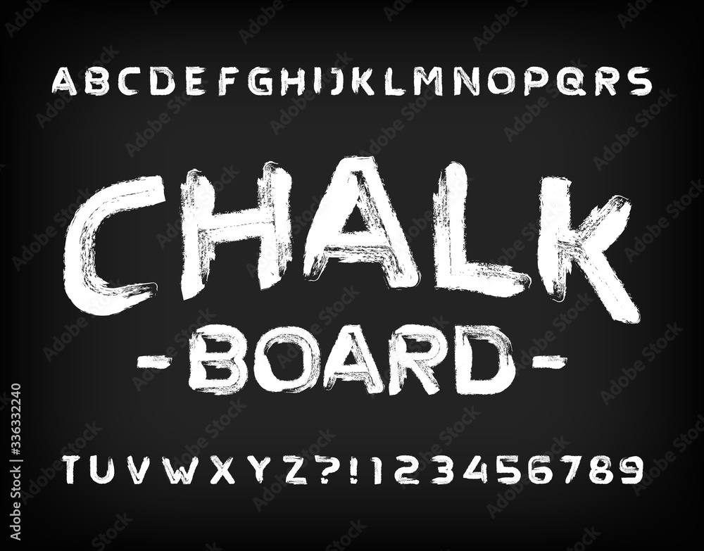 Poster chalk board alphabet font. hand drawn sans serif letters, numbers and symbols. stock vector typescri