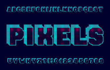 Pixels alphabet font. Digital pixel letters and numbers. 80s retro style typescript.