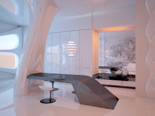 Futuristic interior design. Luxury kitchen with dining area. Technologies of the future made of plastic. 3D illustration
