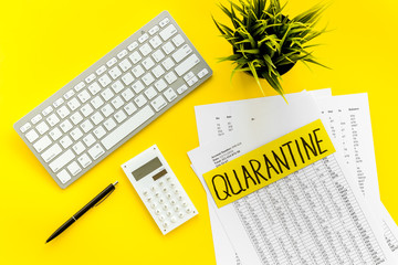 Quarantine business. Keyboard and documents on yellow background top-down flat lay