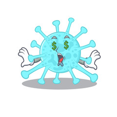 Rich cartoon character design of cegacovirus with money eyes