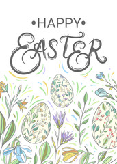 Easter card with painted eggs and spring flowers
