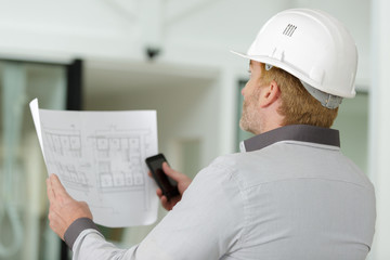 rear view of contractor holding plans inside a property - obrazy, fototapety, plakaty