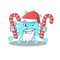 Friendly cegacovirus in Santa Cartoon character holds Christmas candies