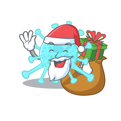 Cartoon design of cegacovirus Santa with Christmas gift