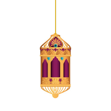 Hanging purple and gold lantern design of Bohemic ornament indian decoration retro vintage meditation henna ethnic arabic texture and tribal theme Vector illustration