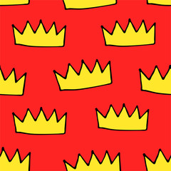 Doodle crowns seamless pattern. Hand drawn luxury background. Cute baby, little princess or royal design for childrens room, posters, celebration. Vector illustration.