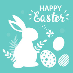 Vector illustration with silhouette of a white rabbits, eggs and the inscription happy easter on a blue background