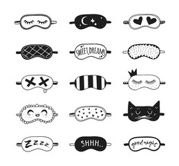 Hand drawn set of Sleeping Mask.Vector Cozy Illustration. Creative artwork. Doodle drawing Sleep Routine objects