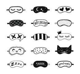 Hand drawn set of Sleeping Mask.Vector Cozy Illustration. Creative artwork. Doodle drawing Sleep Routine objects