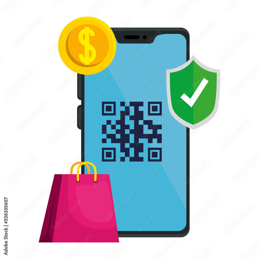 Poster qr code inside smartphone coin shield and bag design of technology scan information business price c