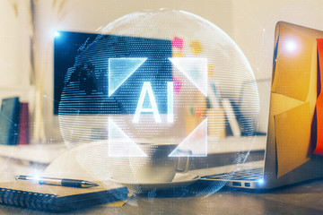 Multi exposure of desktop computer and technology theme hologram. Concept of software development.