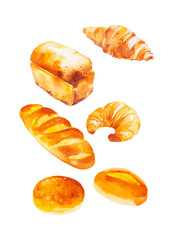 Watercolor illustration of various rolls and bread. Isolated on a white background