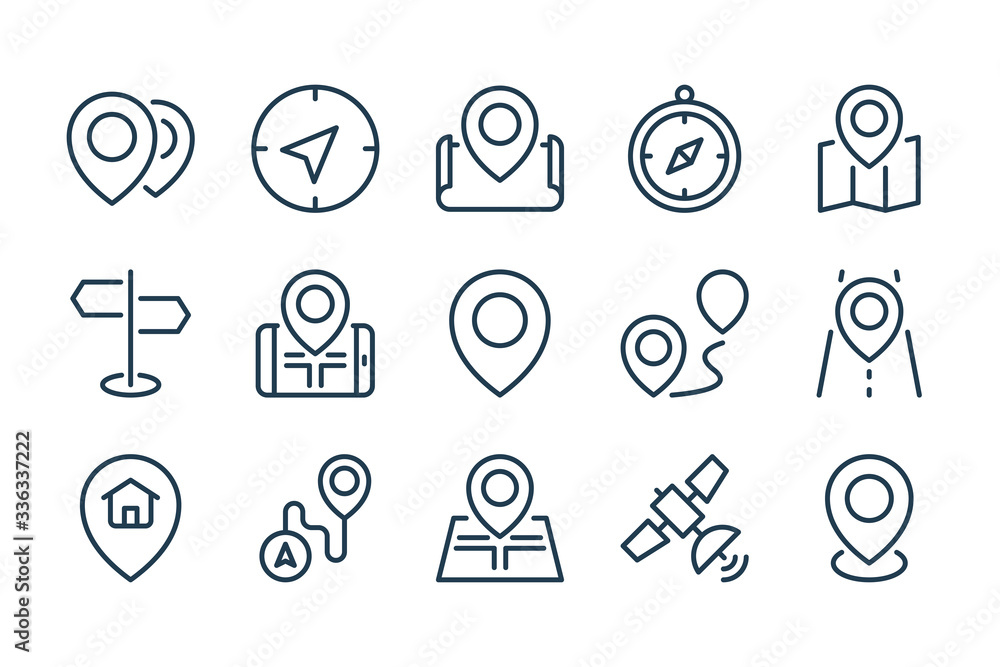 Poster location and navigation line icons. pin and map pointer vector outline icon set.