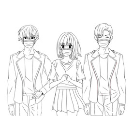 young people using face masks anime characters