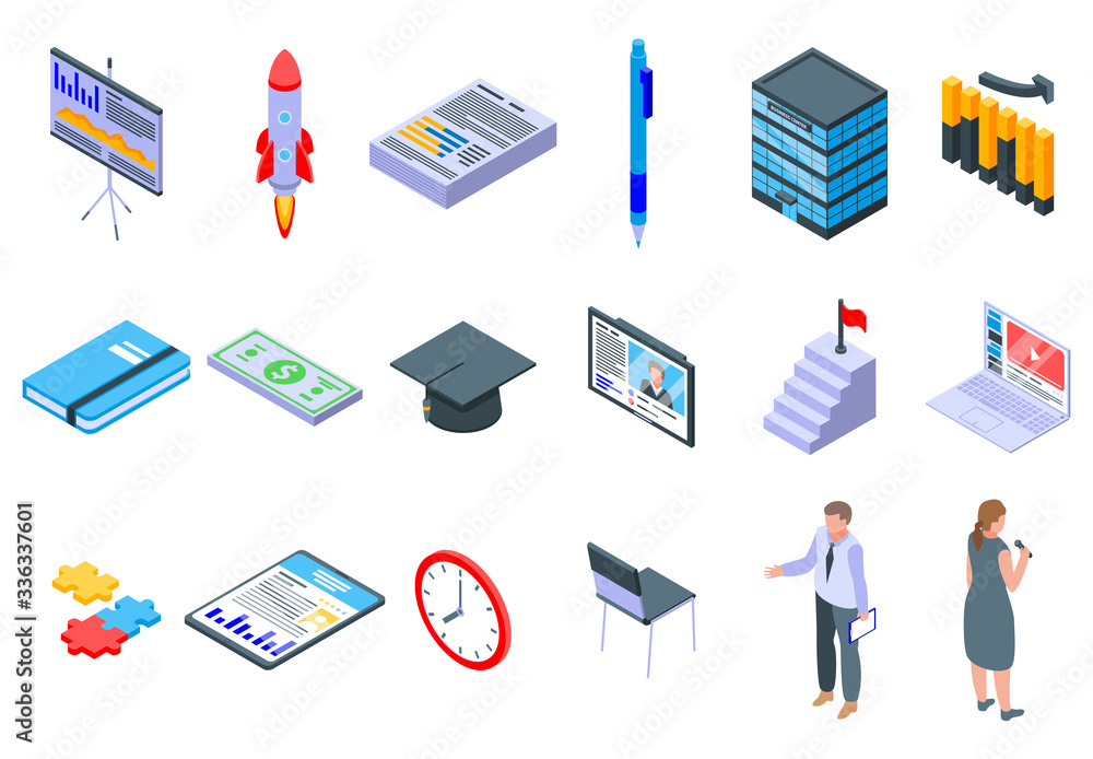Poster business training icons set. isometric set of business training vector icons for web design isolated