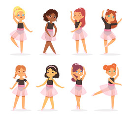 Big set of cute little multicultural ballerinas with various hairstyles in pink tutu dresses. Ballet dancers in different poses, baby princess characters training in school class. Vector Illustration