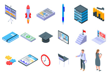 Business training icons set. Isometric set of business training vector icons for web design isolated on white background