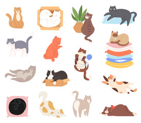 Big set, cartoon vector illustration of cute funny cats sitting, playing, lying, stretching. Collection of adorable pretty purebred pet animals hand drawn in cartoon style on white background