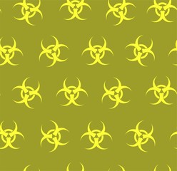 Biohazard, seamless pattern, green, flat. Biological weapons, yellow badges on a green field. Vector flat background.   