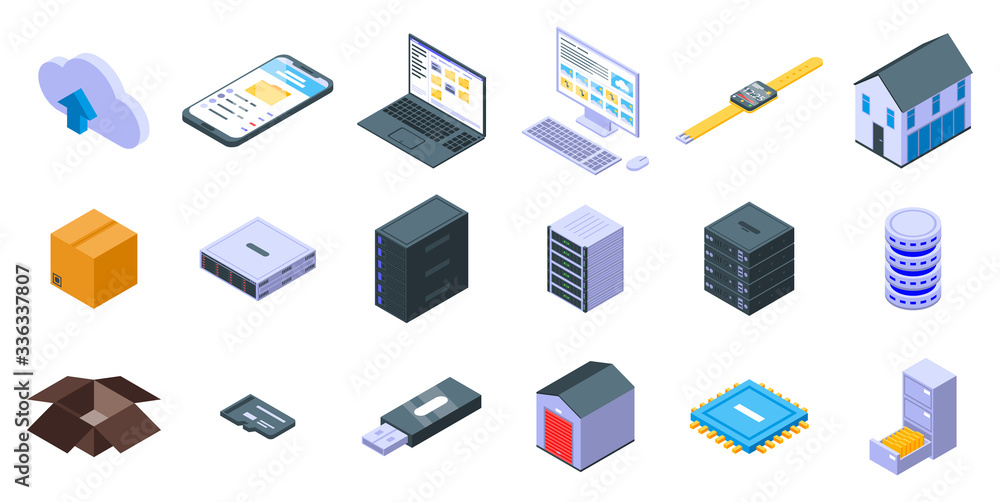 Poster storage icons set. isometric set of storage vector icons for web design isolated on white background