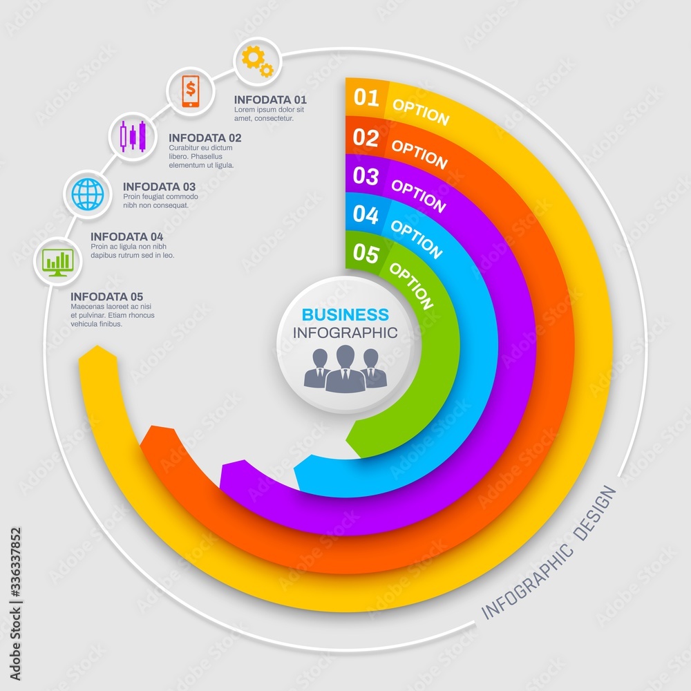 Aufkleber Business infographics round vector diagram, chart or graph options and elements. Infodata steps visualization diagrams and statistics. Business infographics presentation, businessman icons