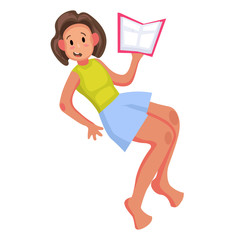 vector illustration of a sitting girl reading a book in cartoon flat style.