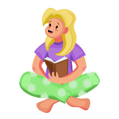 vector illustration of a sitting girl reading a book in cartoon flat style.