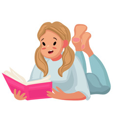 vector illustration of a sitting girl reading a book in cartoon flat style.
