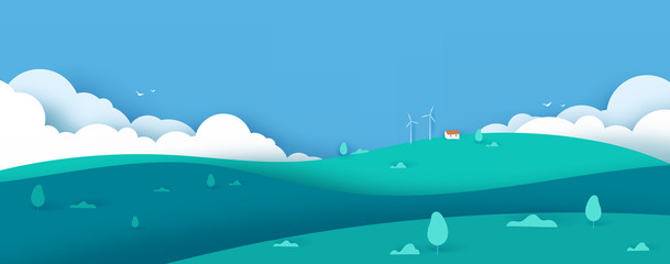 Wide green nature landscape concept with clouds , hills, house on blue background. scenery banner background paper art style. Template for cards. Vector illustration.