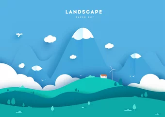 Rolgordijnen Kleurrijke berg papier knippen stijl achtergrond vectorillustratie. © Vitaliy