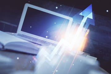 Computer on desktop with point up arrows hologram. Double exposure. Concept of success.