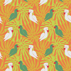 Green and white parrots on a botanical orange background seamless vector pattern. Decorative summertime surface print design in warm colors. For fabrics, wrapping paper, cards and packaging.