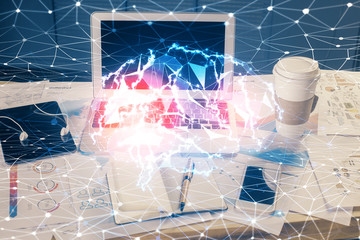 Multi exposure of work space with computer and human brain hologram. Brainstorm concept.