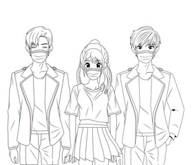 young people using face masks anime characters